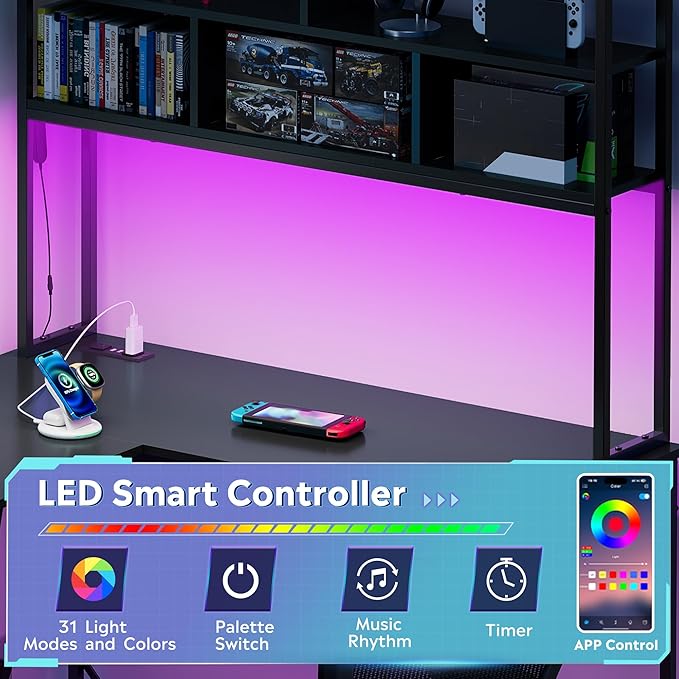 DEVAISE L Shaped Gaming Desk with Hutch, Reversible Computer Desk with LED Light, 3-Tier Shelves, 2 AC+2 USB Outlet and Monitor Stand, Corner Desk with Storage for Home Office (Black, 60 Inch)