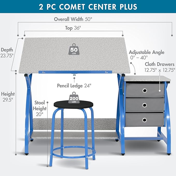 SD Studio Designs Comet Center Plus, Craft Table and Matching Stool Set with Storage and Adjustable Top, Blue/Spatter Gray, 50x23.75x29.5 inches, 2 Piece
