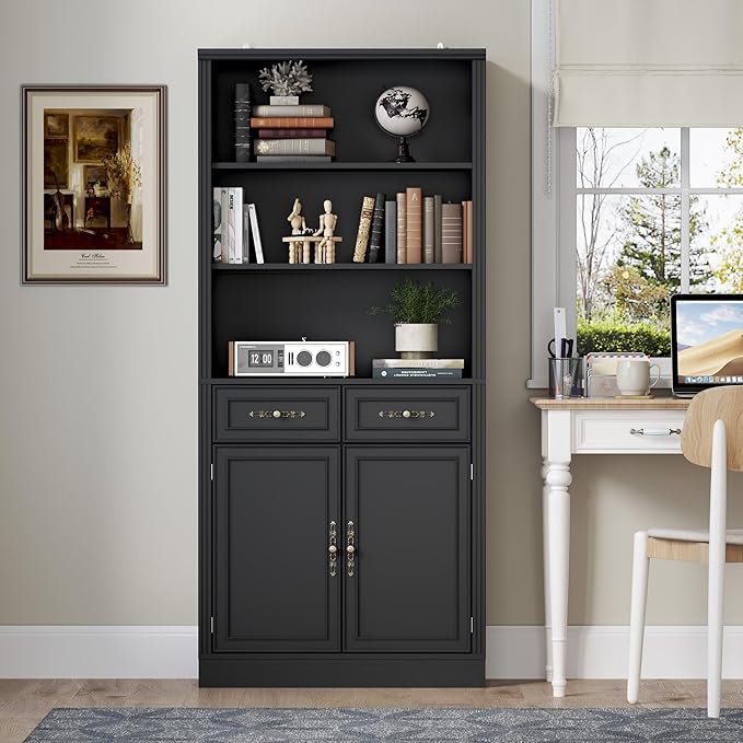 BORNOON 70.1" Tall Bookshelf with Drawers & Cabinet, 5-Tier Floor Standing Bookcase with Storage Doors, Adjustable Shelves & Metal Handles, 31.5" Wide Organizer for Home Office, Living Room