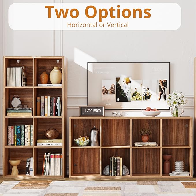 IROCNK Bookshelf, 8-Cube Storage Cube Shelf Organizer, Extra Thick Frame Horizontally & Vertically Reversible Bookcase with Open for Living Room, Bedroom, Home Office, Oak Brown