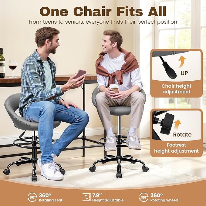 BESTFAIR Drafting Chair for Standing Desk, Height Adjustable Rolling Stool with Backrest & Footrest, Tall 360° Swivel PU Leather Stool Chair with Wheels for Office, Gray