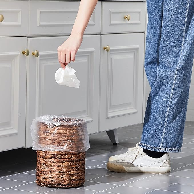 Ctosree 2 Pcs Wicker Trash Can Basket Woven Waste Basket with Lid Bathroom Wastebasket Garbage Bin with 100 Pieces of Trash Bags for Bedroom Farmhouse Home Office Kitchen(Deep Coffee, Small)