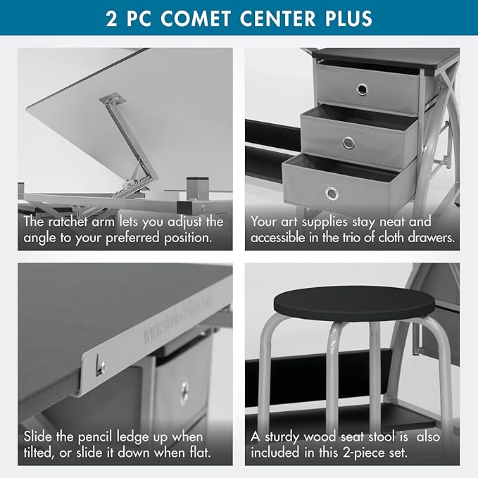 SD Studio Designs 2 Piece Comet Center Plus, Craft Table and Matching Stool Set with Storage and Adjustable Top, Silver/Black