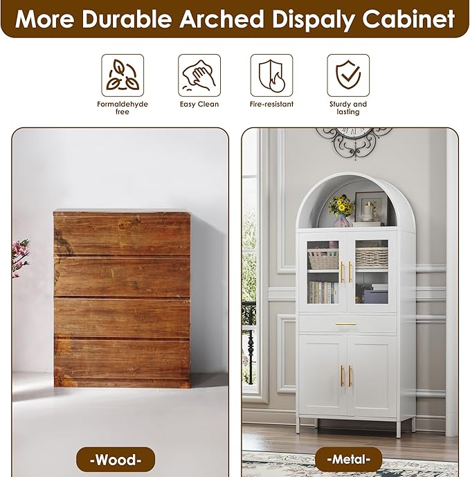 VEXPOR 73" Tall Arched Kitchen Pantry Cabinet with Doors, Metal Arched Hutch Cabinet with Drawer for Kitchen, Dining Room, Living Room, Assembly Required, White