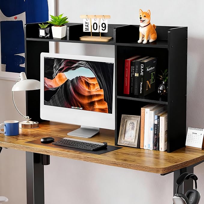 GRETJOB Desktop Hutch Bookshelf, Wooden Desk Storage Hutch with 5 Shelves for Computer Desk, Desktop Shelf for Top of Desk, Desktop Bookshelf for Dorm Office Home, 32.5 x 23.5 x 8 Inches, Black