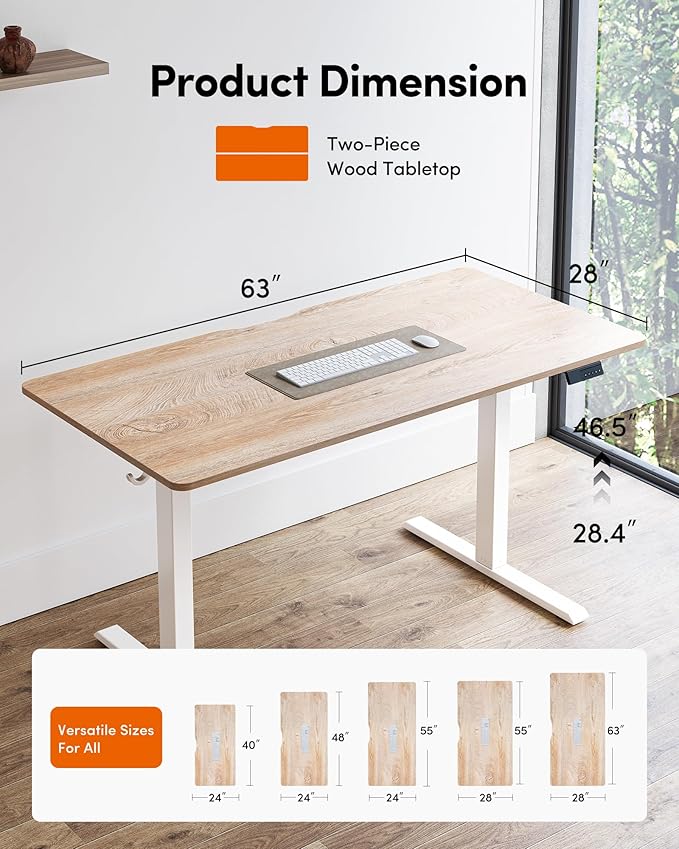 Cubiker Standing Desk, 63x28 Inches Sit Stand Home Office Desk, Electric Stand up Desk, Adjustable Desk with Splice Board, White Frame/Maple Top