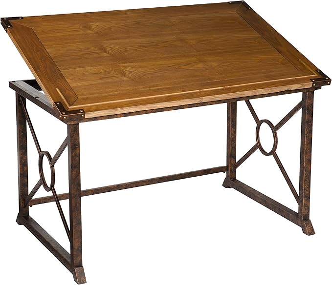 SEI FURNITURE Knightley Tilt Top Drafting Table - 51.5 inch Wide - Oak Wood Finish w/ Antique Brass, Brown