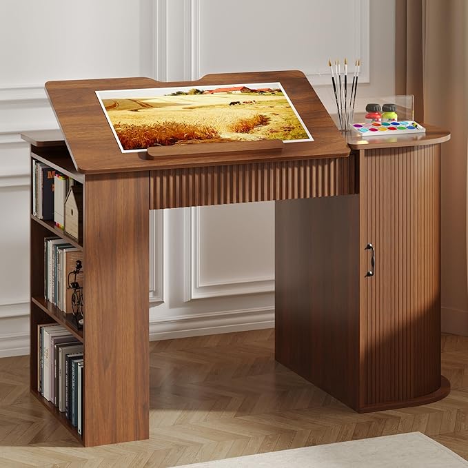 Drafting Table with Storage Cabinet & Drawers, Crafting Table with Open Shelves, Fluted Drawing Desk Computer Desk for Artists, Painters, Drawing, Crafting, Reading, Writing, Working