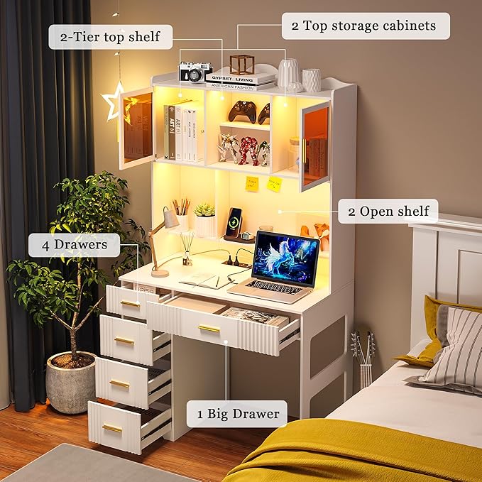 WOOVIVS LED Study Desk with Hutch and Drawer, Home Office Desk with Outlet, Computer Desk with Charging Station, Writing Desk for Bedroom, Workstation for Small Spaces (White)