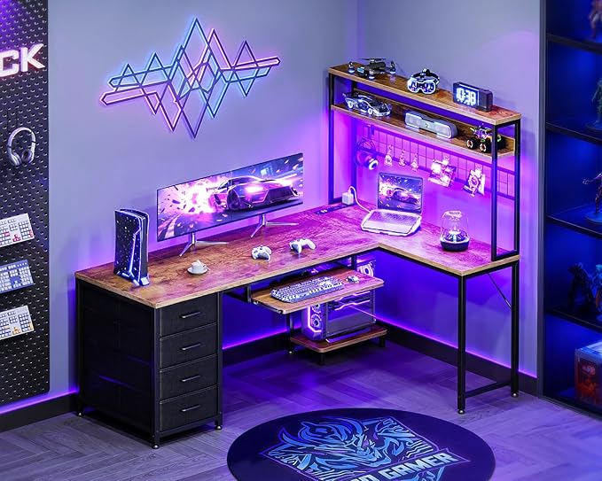 AODK 59 Inch L Shaped Desk with 4 Drawers, Gaming Desk with Led Lights & Power Outlets, Computer Desk with Pegboard, Reverisble Home Office Desk with Storage Shelves & CPU Stand, Vintage