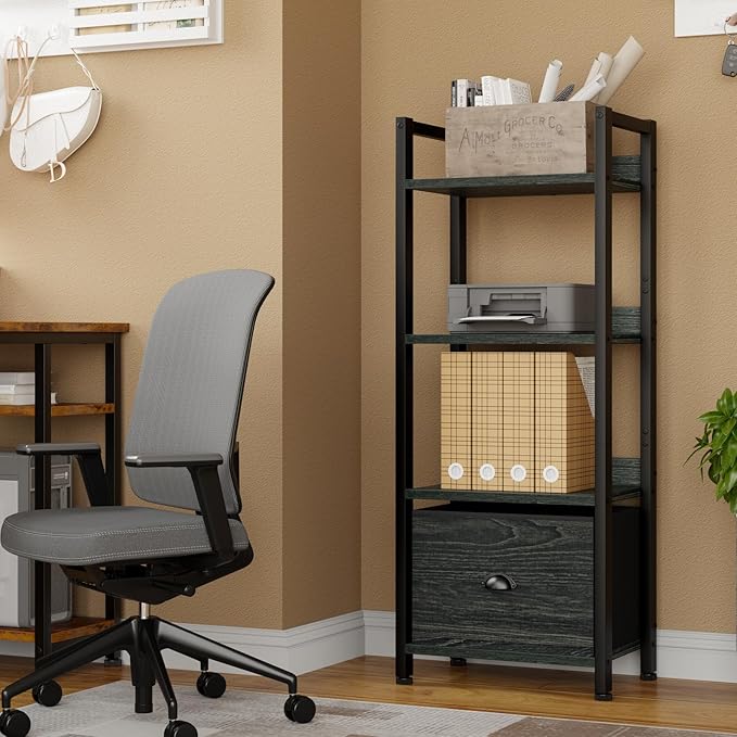 Furologee 4 Tier Bookshelf with Drawer, Small Narrow Bookcase, Wood and Metal Standing Shelf Unit, Industrial Display Storage Shelves Organizer for Bedroom, Living Room, Entryway, Black