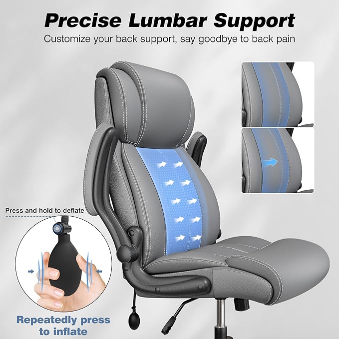 BESTFAIR Ergonomic Office Chair - Desk Computer Chair, Leather High Back Executive Chairs with Adjustable Lumbar Support & Flip Up Arms, Gray 2 Pack
