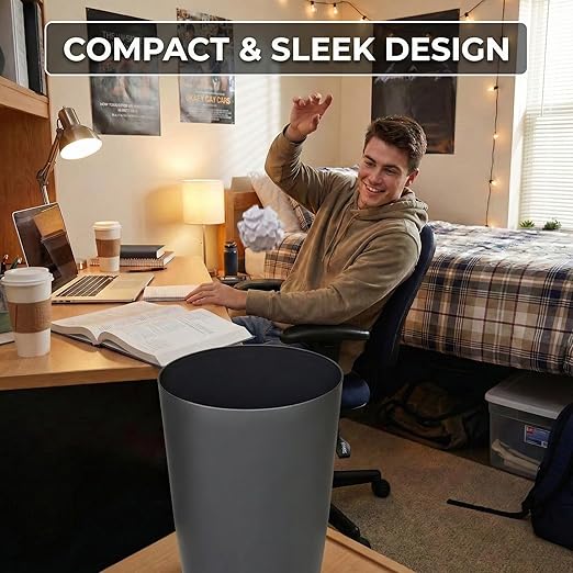 Mini Waste Basket - Durable Small Plastic Garbage Trash Can Bin - Lidless Open-Top, Slim Profile for Compact Spaces - Suitable for Home, Bathroom, Office, Bedroom, Kitchen and More, Grey