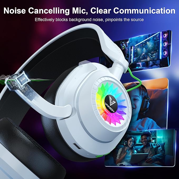 Vakedy HW10 Wireless Gaming Headset for PS5, PS4, PC, Switch, Mac, 2.4GHz Wireless Gaming Headphone with Flip Noise Canceling Mic, 50H Battery, 50mm Drivers, RGB Lights (White/Black)