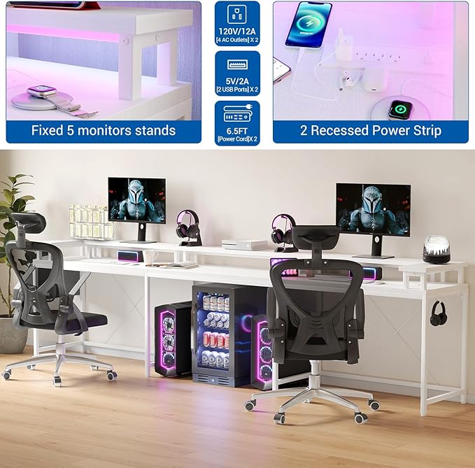 Jojoka U-Shaped Computer Desk with Power Outlets & RGB LED Lights - Reversible l-Shaped Office Desk, Full Monitor Stand, Modern Home Office Workstation, 600lbs Capacity 79",Game Desk, Multiple Colors