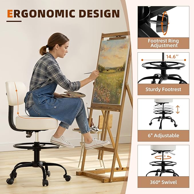 Drafting Chair with Back, Adjustable Foot Rest Rolling Stool (2, White)
