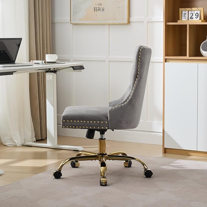 Goujxcy Desk Chair, Modern Velvet Upholstered Tufted Button Home Office Chair, 360° Swivel Armless Desk Chairs, 120°Rocking Ergonomic Computer Task Vanity Chairs, Gray