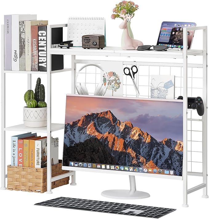 YBING Desk Shelf, 37.4" Desktop Organizer Shelf, Desk Hutch for Computer Monitor, Display Bookcase Rack with Grid Panel, Wood Desktop Bookshelf for Home Office Dorm, White