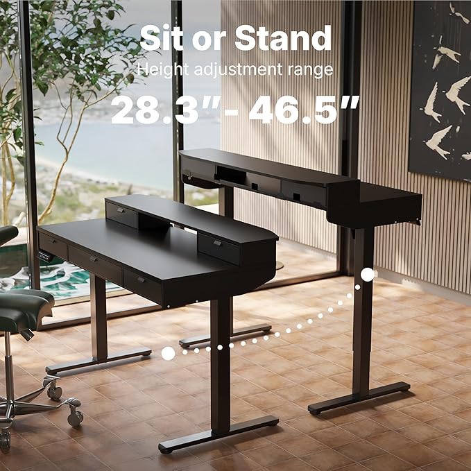 HUANUO 40 x 24 inch Electric Standing Desk with 4 Drawers, Adjustable Height Sit Stand Home Office Desk, C-Clamp Mount Compatible, Ergonomic Stand up Desk with 4 Preset Heights, Black