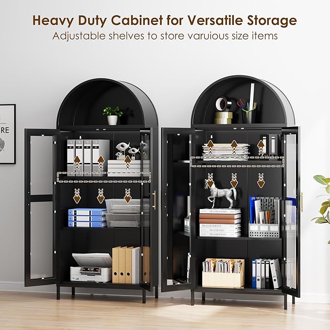 VEXPOR 73" Tall Arched Display Cabinet with Glass Doors, Metal Arched Curio Cabinet with 2 Adjustable Shelves for Living Room, Home Office, Assembly Required, Black