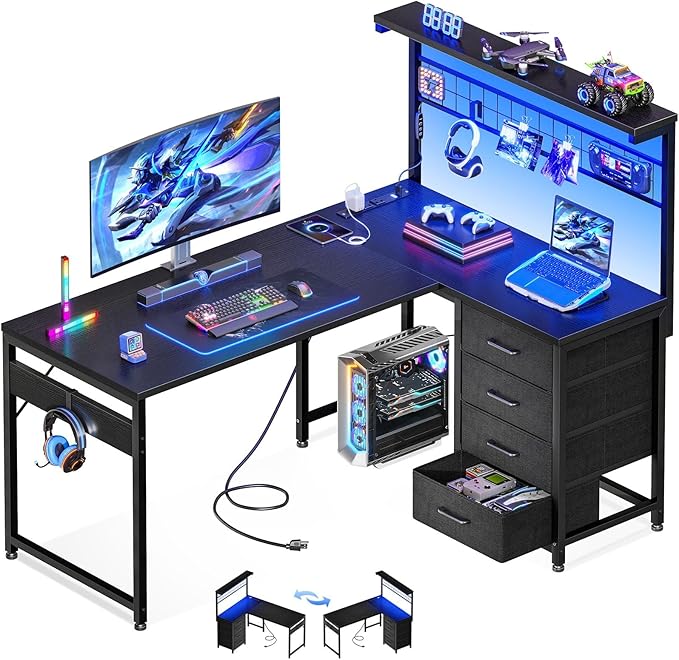 MOTPK 43” L Shaped Gaming Desk for Small Rooms, Compact Corner Computer Table with Shelf & Hutch, 4 Drawers, Reversible Study Desk with LED Light, Power Outlets & USB Ports, Home Office Table, Black