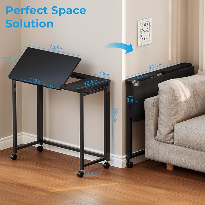 GreenForest Folding Desk with Wheels, 31.5 Inch Adjustable Tilt Drafting Table, Portable Rolling Foldable Desk for Small Space, Home Office, Drawing & Craft Workstation, Black