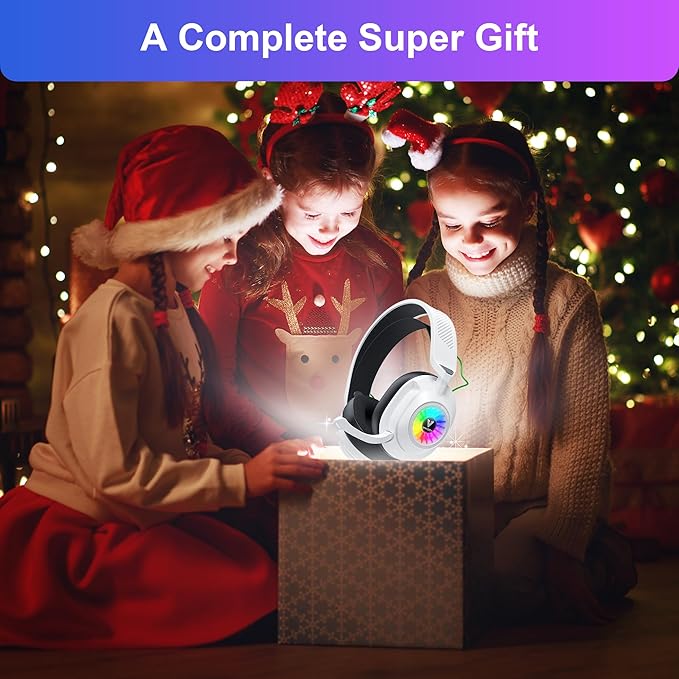 Vakedy HW10 Wireless Gaming Headset for PS5, PS4, PC, Switch, Mac, 2.4GHz Wireless Gaming Headphone with Flip Noise Canceling Mic, 50H Battery, 50mm Drivers, RGB Lights (White/Black)