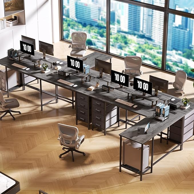 Korfile 66" L Shaped Computer Desk, 94.4'' Home Office Desk with Power Outlets, 4 Adjustable Storage Drawers & 2 Monitor Stands, Large Two Person Gaming Table for Writing Study, Grey