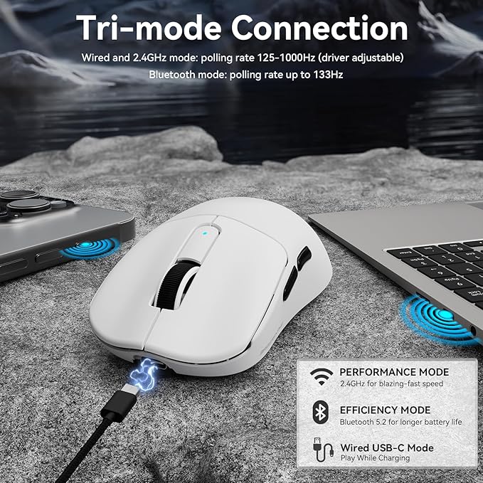 MAMBASNAKE M3 Wireless Gaming Mouse,39g Ultra-Lightweight BT/2.4GWireless/Wired Gaming Mouse,PAW3395PRO 40K DPI Optical Sensor,200Hrs Battery,Office Mice for PC/Win/Mac(White)