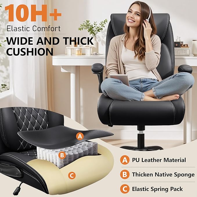 BESTFAIR Office Chair, Ergonomic Computer Desk Chairs with Lumbar Support for Lower Back Pain Relief, Executive Leather Home Chair Comfy with Padded Flip-up Armrests, Black, 4-Pack