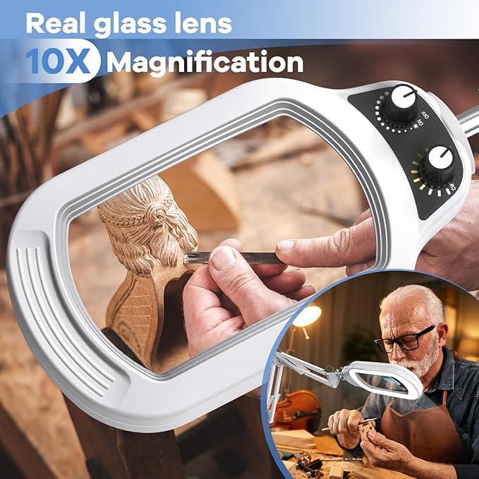 10X Rectangle Magnifying Glass with Light and Stand, Real Glass Lighted Magnifier Hands Free, Mechanical Knob 5 Color Modes Stepless Dimmable, 2-in-1 LED Desk Lamp with Clamp for Close Work - White