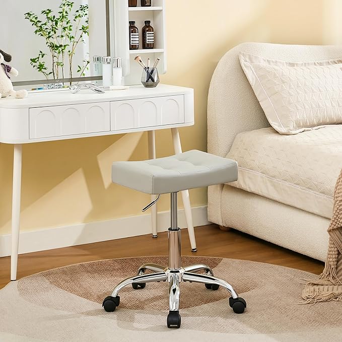 FIRAVOE Saddle Stool with Wheels, Swivel Rolling Stools for Vanity, Adjustable Height Tattoo Stool 17"-21" (Gray)