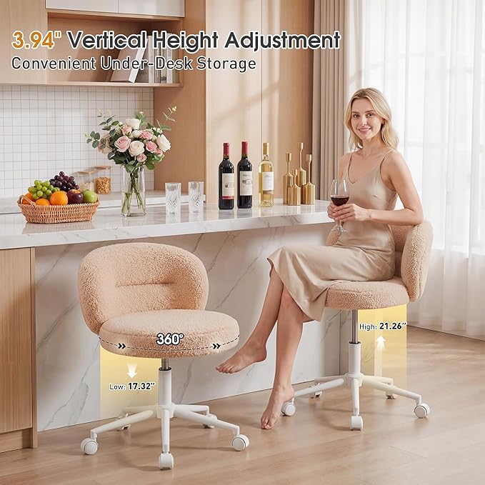 Homkdom Small Round Vanity Chair with Back, Armless Home Office Desk Chairs, Height Adjustable & 360° Swivel, Cute Comfy Vanity Computer Chair for Bedroom, Home Office, Yellow