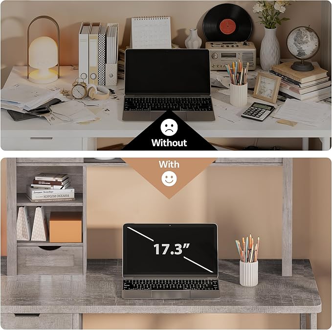 Large Desktop Bookshelf with Sliding Barn Door, 47.2''W Desk Shelf Display Rack, Desktop Organizer Storage Rack with 7 Cubbies and Drawer, Home, Desk Shelf for Office, Dorm, Vanity, Grey