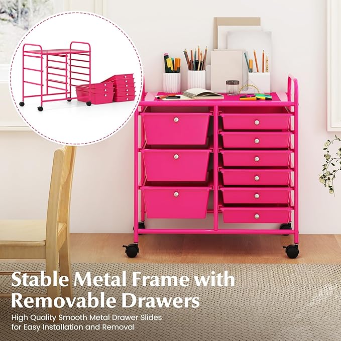 Moccha 9-Drawer Rolling Storage Cart - Under Desk Storage Drawers with wheels for Craft Art Supply Paper Salon, Scrapbook Paper Tools, Mobile Utility Cart for Classroom, Hot Pink