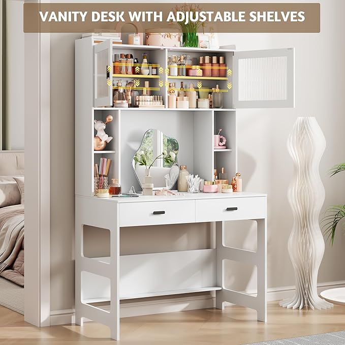 Vlsrka Home Office Desk with Hutch and Drawers, 40" Computer Desk with Storage Shelves and LED Lights, Modern Wooden Writing Study Table with Charging Station for Bedroom, White