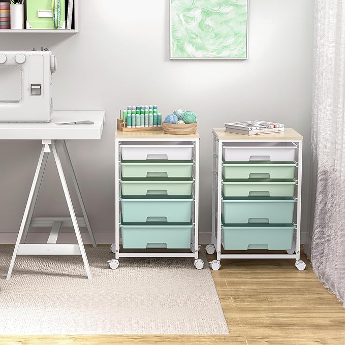 SYKIARIOL Utility Cart with 5 Drawers,Storage Cart with Wooden Tabletop and Lockable Wheels,Craft Storage Trolley Organizer,5-Tier Rolling Utility on Wheels,Light Green