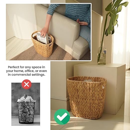 Tidita 4 Gallons Wicker Waste Basket for Bathroom - Water Hyacinth Wicker Trash Can – Kitchen, Bathroom Garbage Can, Oval Magazine Basket - Desk Trash Can, Office Garbage Can with Open Top, Handles