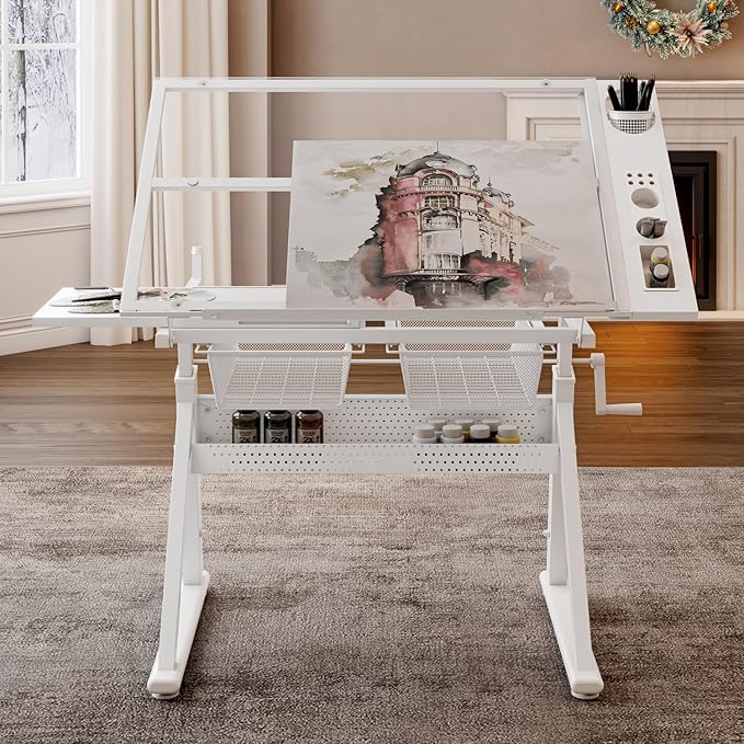 Adjustable Height Drafting Table with Storage Drawers & Stool for Adults, Glass Art Desk with Side Storage Strips, Drawing Table with Tilted Tabletop for Art Office Study (White+Glass A)