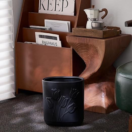 Black Ceramic Tulips Small Bathroom Trash Can 2.6 Gal (10 Liter) - Heavy & Decorative Garbage Bin for Bathroom, Kitchen, Office, Bedroom & Living Room Corner