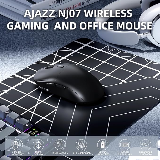 A.JAZZ NJ07 Wireless Mouse, 67g Ultra-Lightweight, 3-Mode 2.4G/Bluetooth/USB-C, 6 Adjustable DPI up to 12800, 1000Hz Optical Sensor, Ergonomic Design Long Battery Life, Compatible with PC & Mac-Black