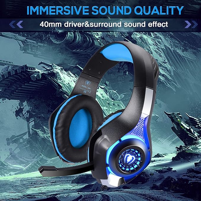 BlueFire Stereo Gaming Headset with Microphone for PS5 PS4 Xbox One Switch PC Mac – Wired Over-Ear Headphones with Surround Sound, Soft Memory Foam, Noise Canceling Mic, Light, 3.5mm Jack (Blue)