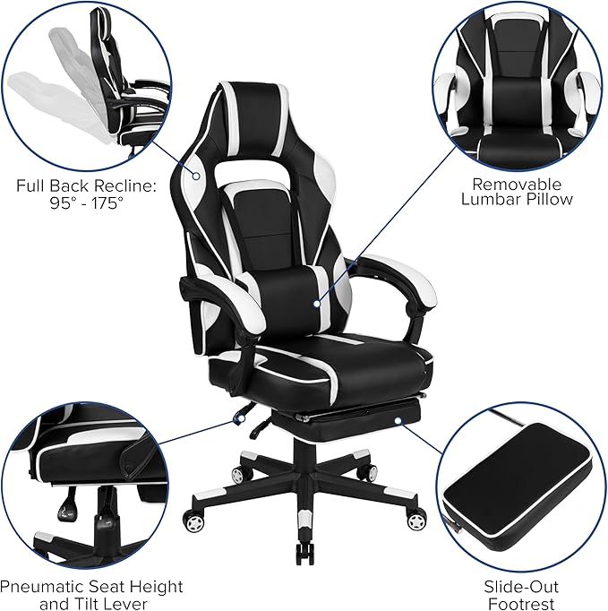 EMMA + OLIVER Black/White Gaming Desk Set - Cup/Headset Holder/Reclining & Footrest