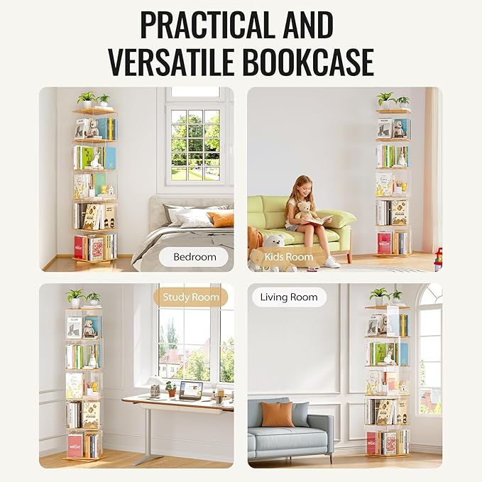 TAKEKIT 5-Tier Rotating Bookshelf, 360° Spinning Book Shelf Tower with Solid Wood & Clear Acrylic, Square Revolving Bookcase for Kids Room, Living Room, Bedroom and Office