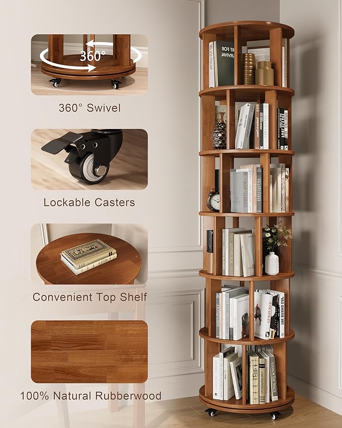 IUNVR Rotating Bookshelf, 6 Tier Solid Wood Bookshelf Tower with Lockable Wheels, 360° Spinning Revolving Bookcase for Small Spaces, Corners, Bedroom, Kids Room, Home Office, Walnut