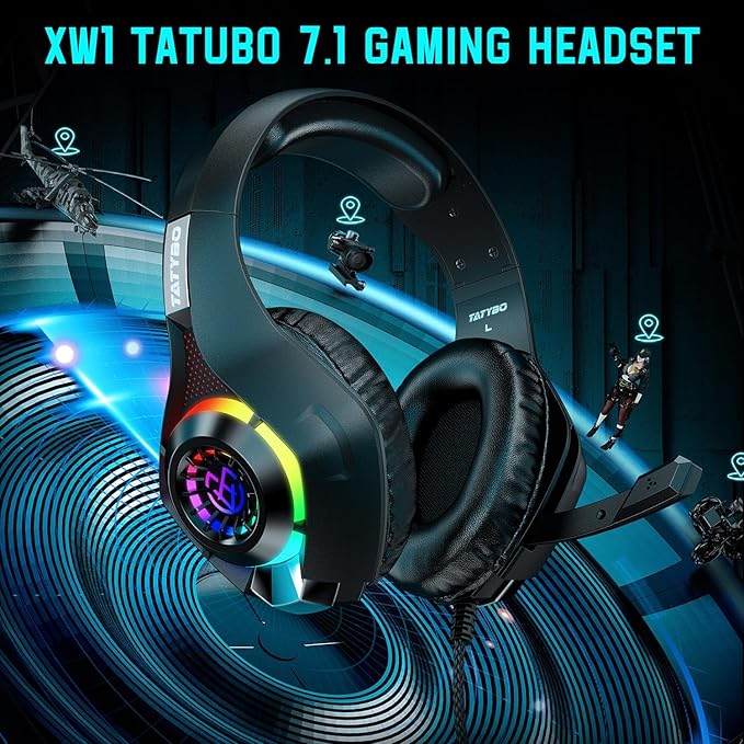 Tatybo Gaming Headset for PS4 PS5 Xbox One PC, Over-Ear Gaming Headphones with Surround Sound, Noise Canceling Mic, RGB Light