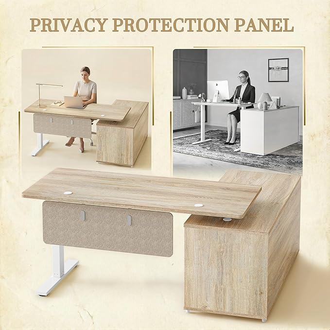 TIQLAB 61.4" x 47.2" L Shaped Executive Desk with Shelves & File Cabinet Sets, One Whole Piece Home Office Furniture with Drawers for Hanging File, Maple