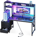 Casaottima 48 Inch Gaming Desk with Hutch & 3 Fabric Drawers, Computer Desk with USB Ports & LED Lights, Reversible Pc Gamer Table with Monitor Stand for Home Office, Carbon Fiber Black