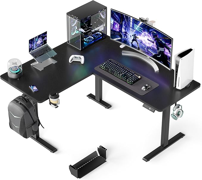 WALKINGDESK 55X45 Inches Reversible L Shaped Standing Desk Height Adjustable with Cup Holder, Electric Corner Computer Desk, Sit Stand up Home Office Desk, Ergonomic Gaming Desk, Black