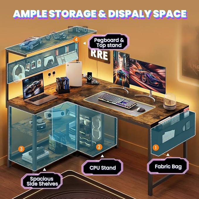 Apicizon L Shaped Desk Gaming Desk with LED Light & Power Outlet, 47 Inch Reversible Computer Desk with Pegboard & Shelf & Storage Bag for Home Office, Rustic Brown